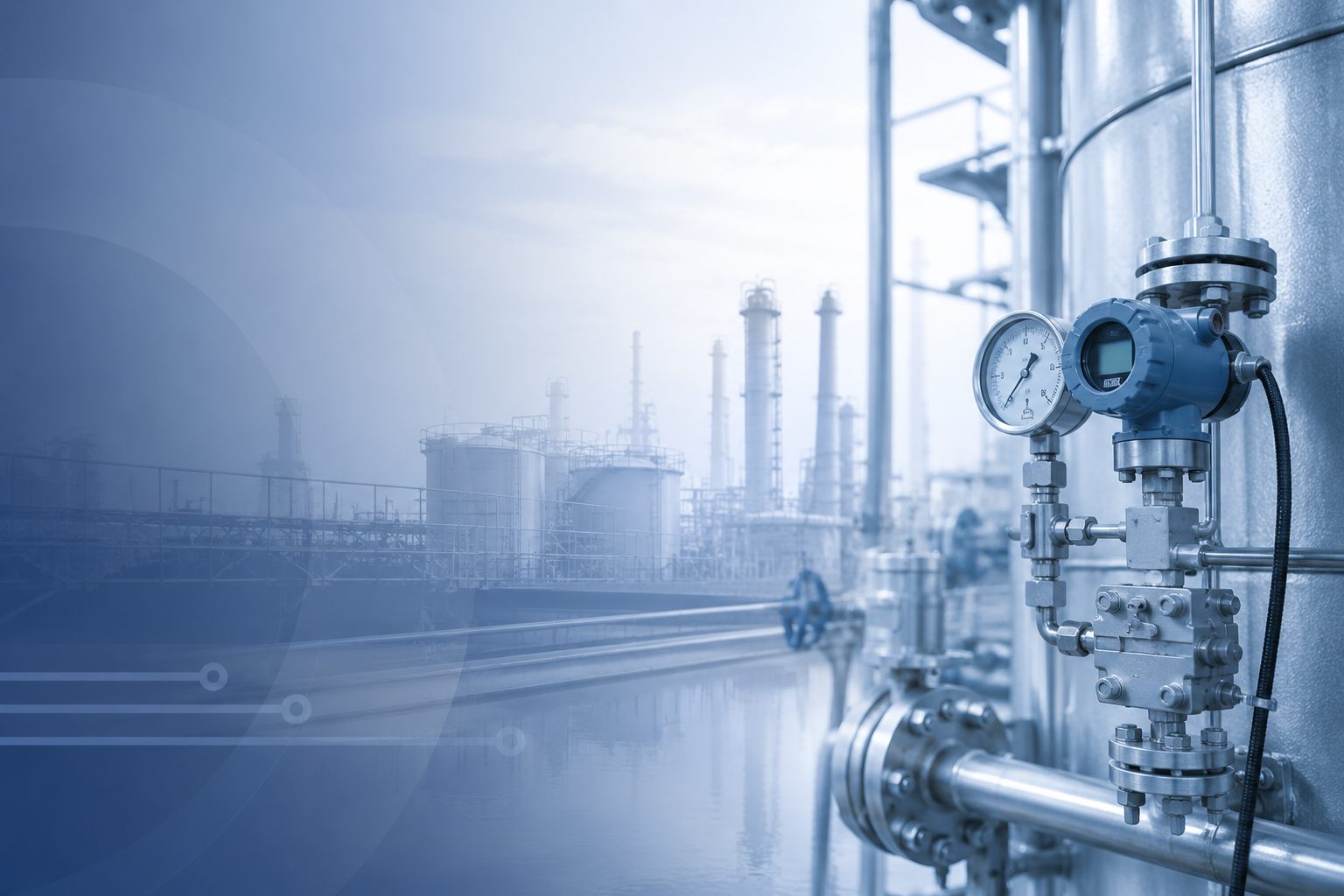 Pressure gauge and pressure transmitter mounted on process piping at a refinery
